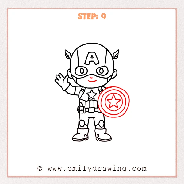 how to draw a captain america - Chibi Captain America with a simple smile added and a large round shield featuring concentric rings and a central star.